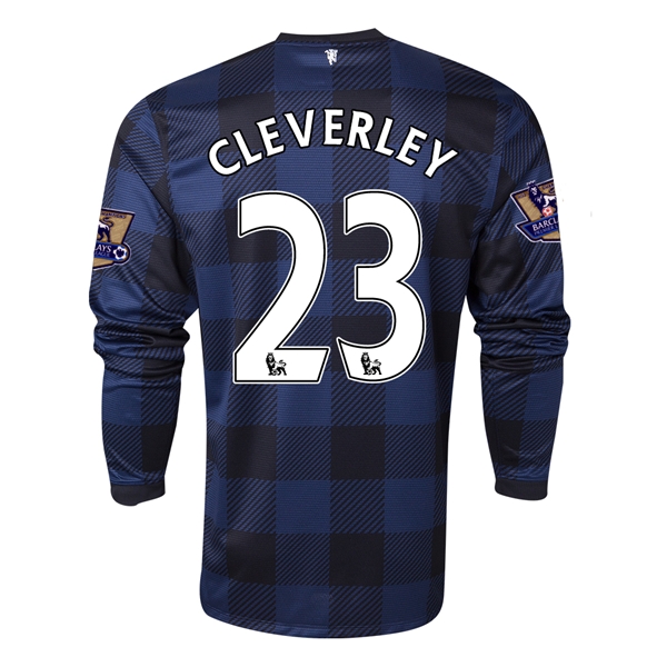 13-14 Manchester United #23 CLEVERLEY Away Black Long Sleeve Jersey Shirt - Click Image to Close